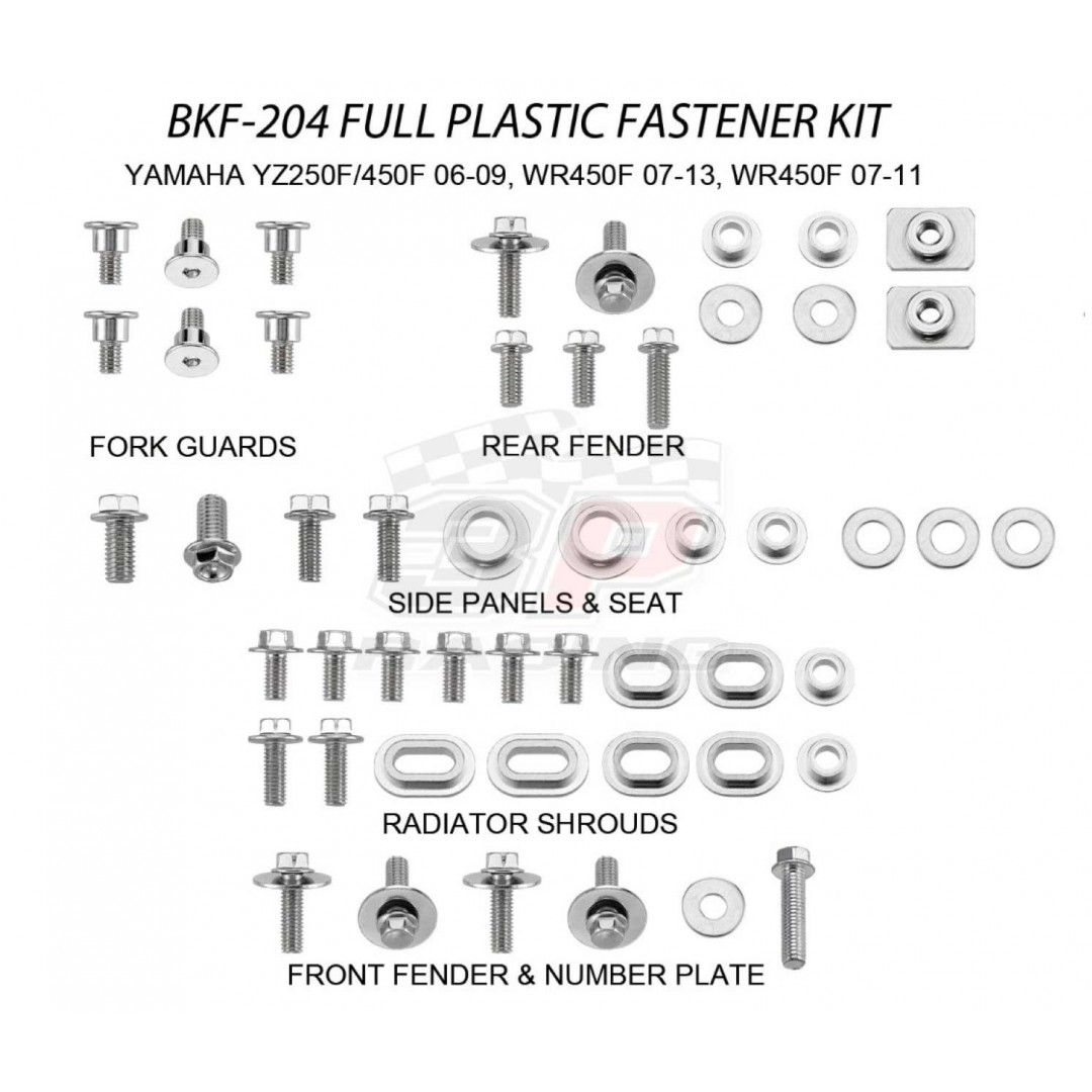 Accel complete plastics parts bolts kit AC-BKF-204 for Yamaha YZ250F YZF250, YZ450F YZF450 2006-2009, WR250F WRF250 2007-2013, WR450F WRF450 2007-2011. Bolts, nuts & spacers for front & rear fender,number plate,radiator shrouds,side panels & seat,fork gua
