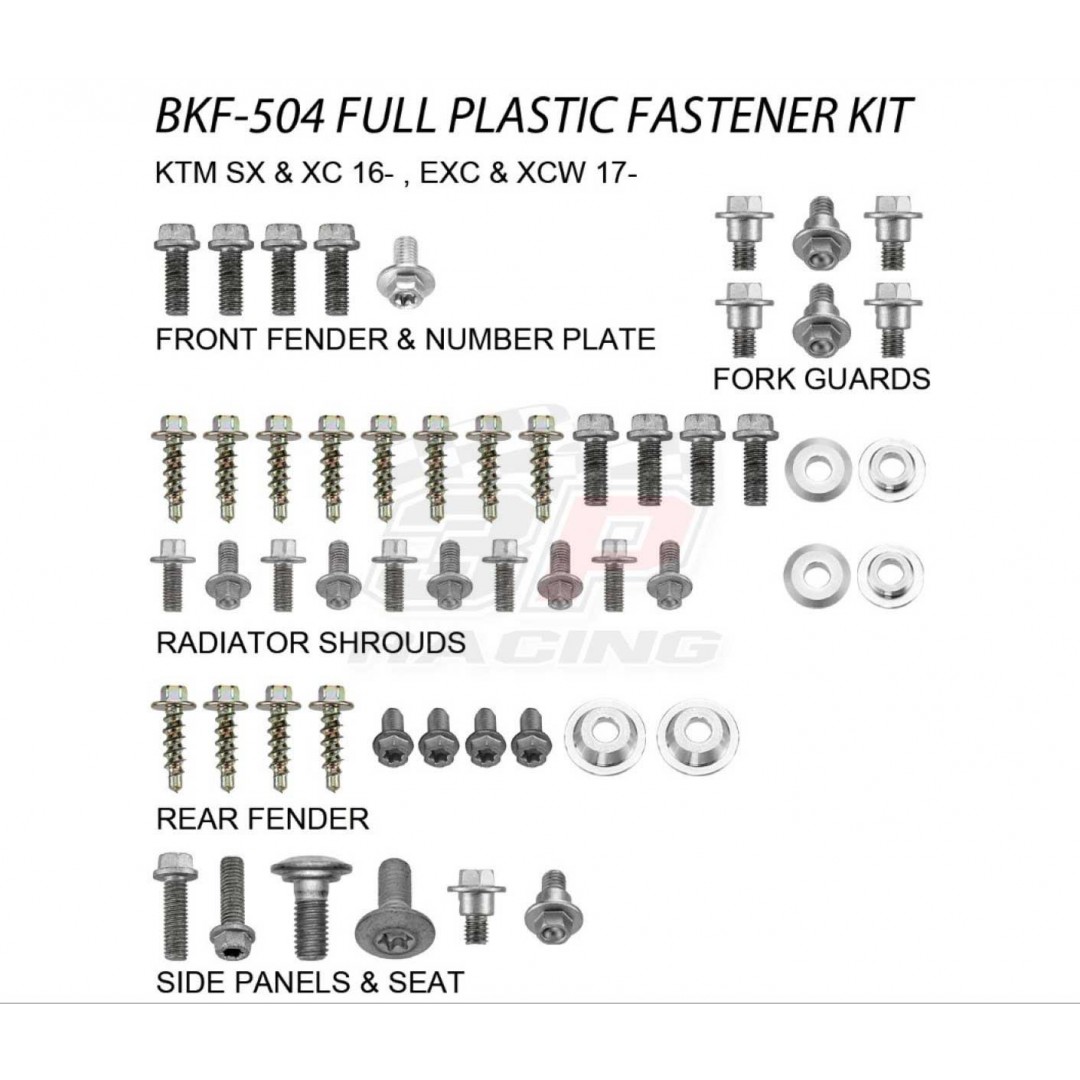 Accel full plastic fastener bolts kit for KTM 2016-2020 SX125 SX150 SX250 SX-F250 SX-F350 SX-F450 EXC150 EXC250 EXC300 EXC-F250 EXC-F350 EXC-F450 EXC-F500. Screws for front rear fender, side panels, radiator shrouds, number plate, fork guards. AC-BKF-504