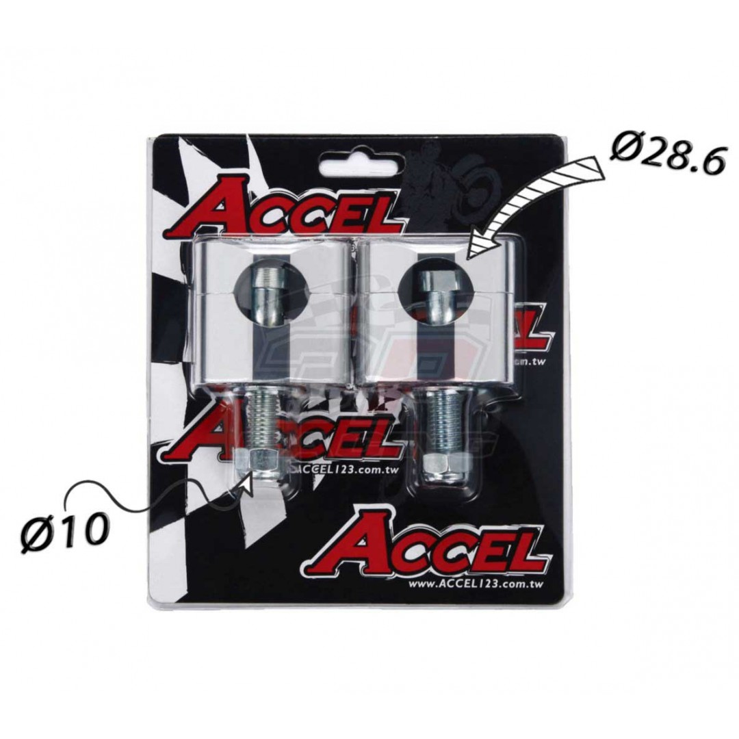 Accel Universal motorcycle handlebar CNC riser kit for 34mm raised height with 10mm bolt. Silver color. For all bikes with 28.6mm fatbar / taper bar. P/N: AC-BM-02-28-SR. CNC machined. Bar bore: 28.6mm. Raiser height: 34mm