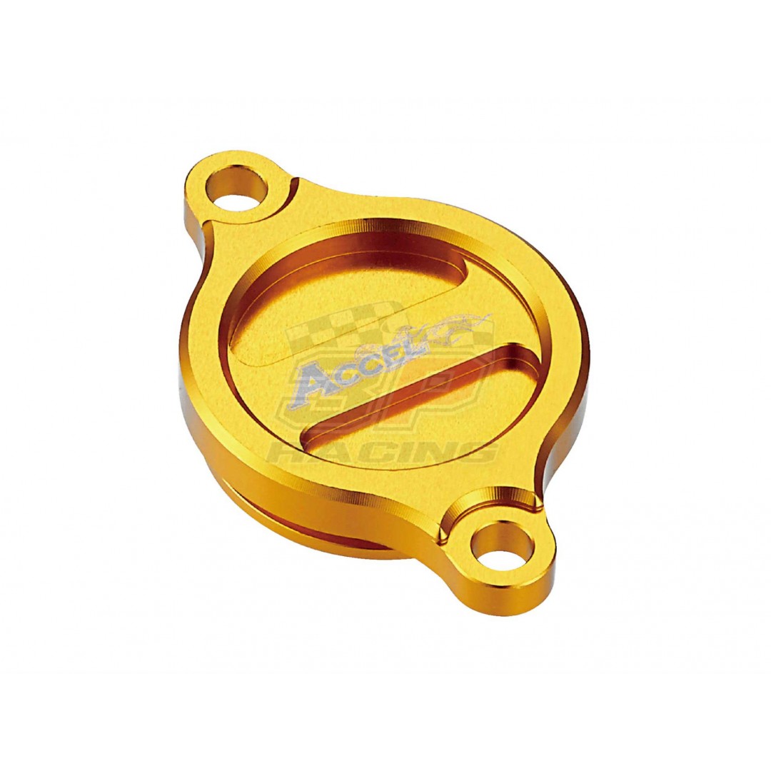 Accel CNC Gold oil filter cover for Suzuki RM-Z 250 RM-Z250 RMZ250 2007-2019, RM-Z 450 RM-Z450 RMZ450 2005-2019, RMX450 RMX450Z 2010-2019.  Replaces Suzuki OEM parts: 16315-35G00, 16315-35G10, 16315-35G20, 16315-35G30, 16315-35G40. AC-OFC-401-GD Suzuki RM
