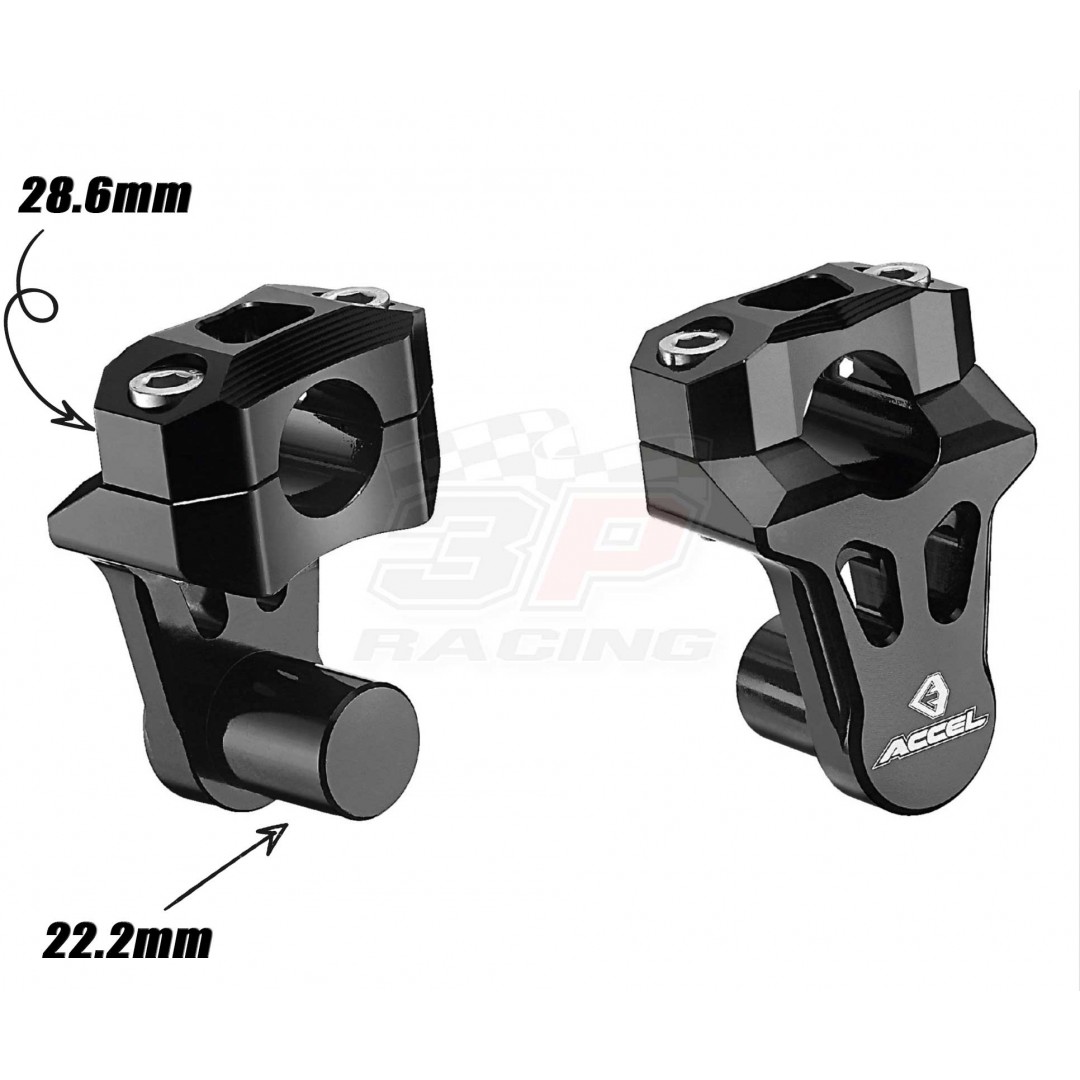 Accel CNC Universal handlebar riser kit which allows you to change the bar's angle, turn it closer to ride or further away. Turnable Bar mount 50mm height between mounts and fits 22.2mm bar base holes, converted to 28.6mm bar. P/N: AC-TBM-01-28.6