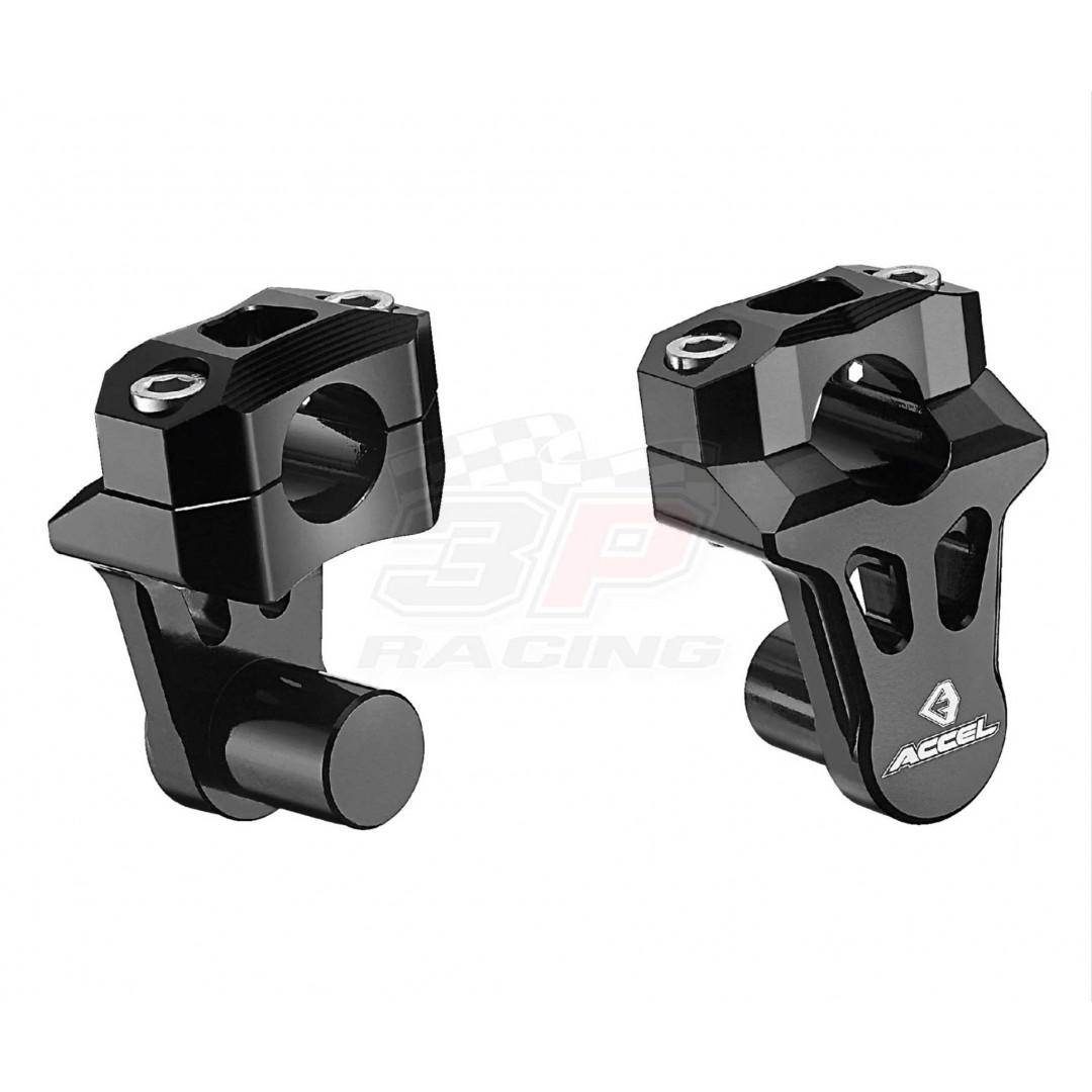 Accel CNC Universal handlebar turnable riser kit which allows you to change the bar's angle, turn it closer to ride or further away. Has a 50mm height between mounts and fits 22.2mm bars. Conversion stays at 22.2mm. P/N: AC-TBM-01-22.2