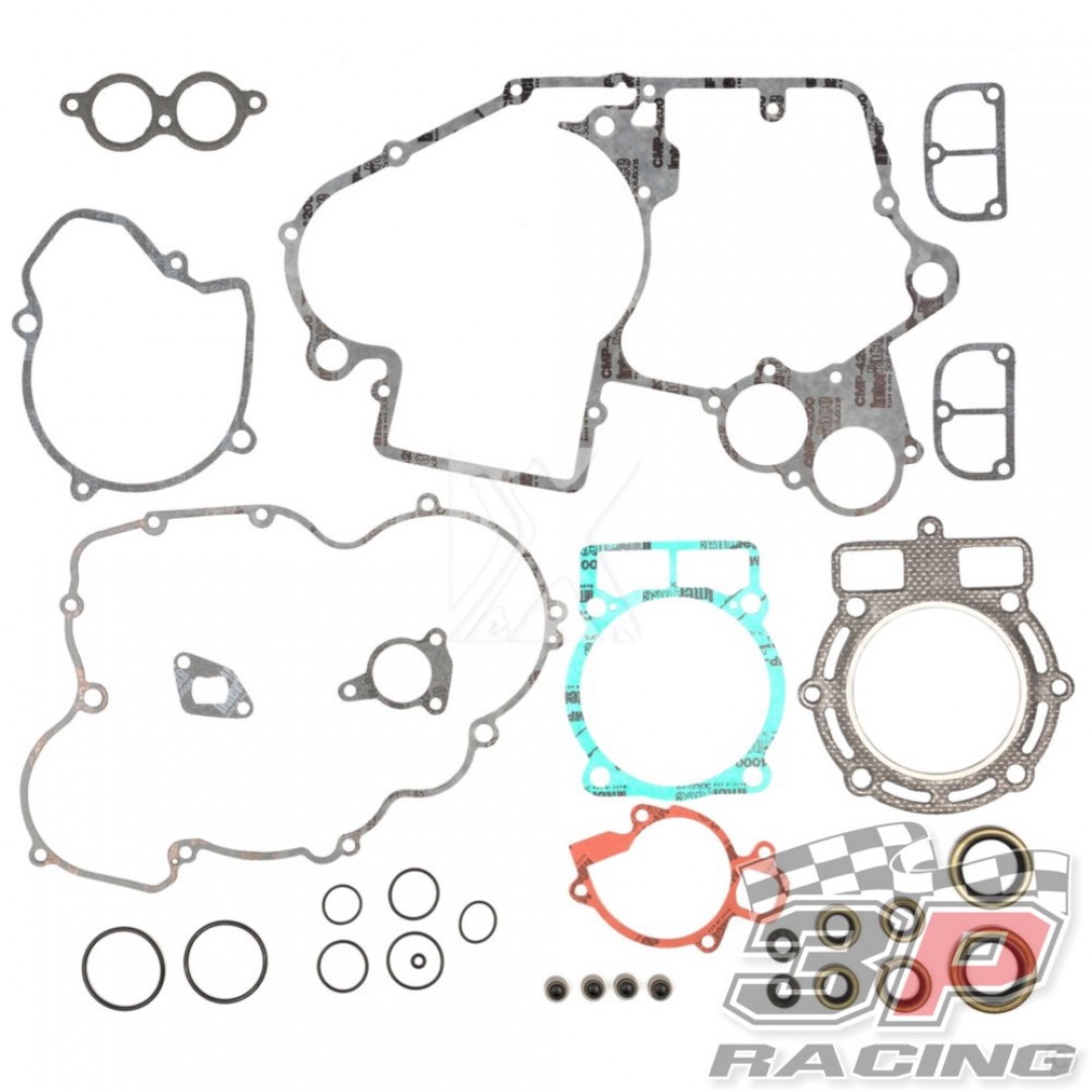 ProX kit with all engine gaskets, crankcase cover gasket, ignition magneto clutch side, water pump, cylinder head, with engine and valve seals for KTM EXC400 2000 2001 2002, SX400, EXC450 2003 2004 2005 2006 2007. P/N: 34.6420. 