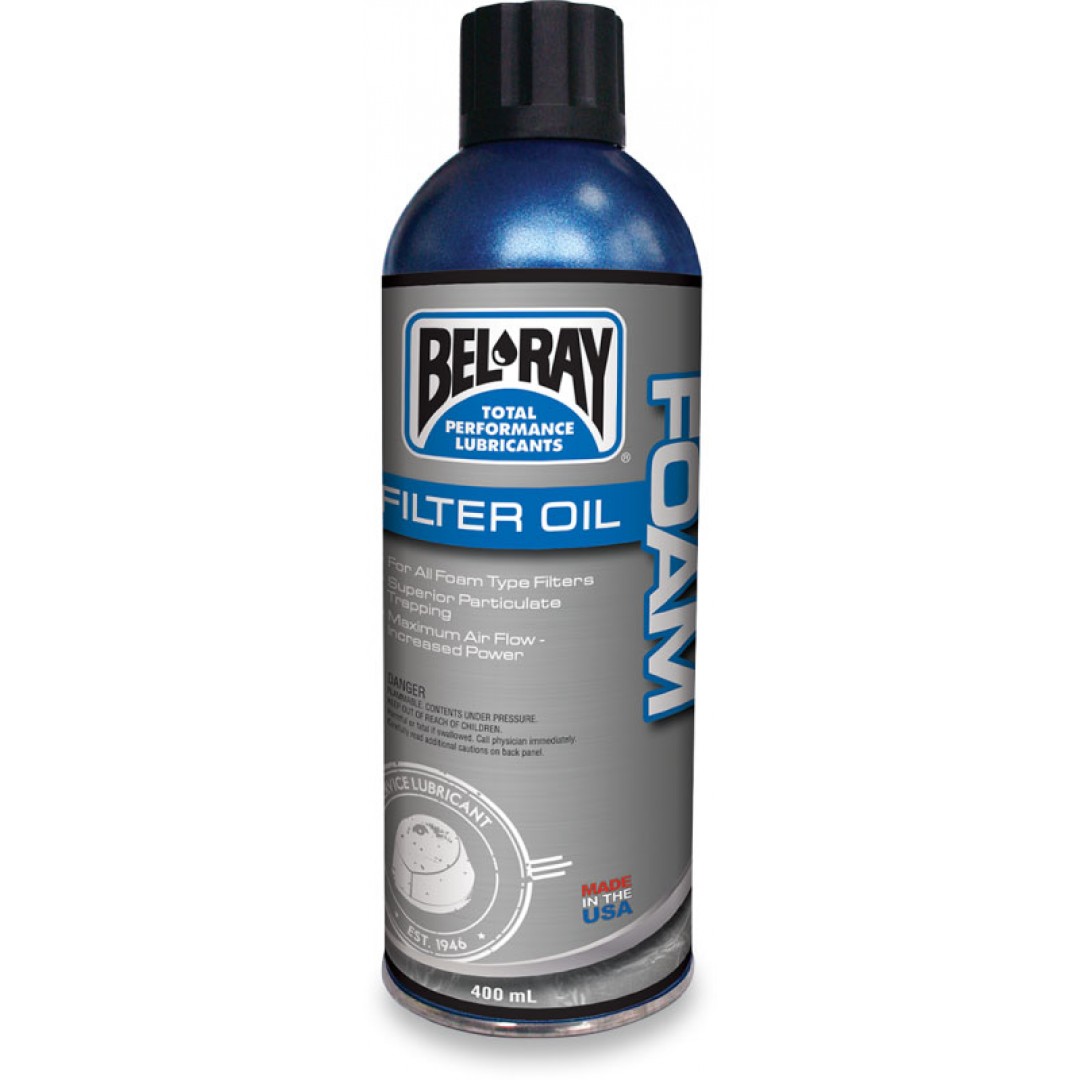 BelRay 99220-A400W air filter foam spray oil for all 2stroke & 4stroke motorcycles 975-09-120400. Designed to improve air flow. Traps microscopic particles to extend engine life. Waterproof formula prevents clogging when wet