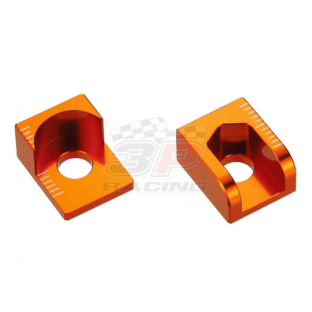 Accel CNC Dirt bike Orange chain tensioners - adjusters axle blocks for KTM SX 65 SX65 2000-2015. KTM OEM 46010083000. P/N: AC-AB-26-ORANGE. Made from aluminium AL6061-T6. CNC machined & anodized. *Set of 2*