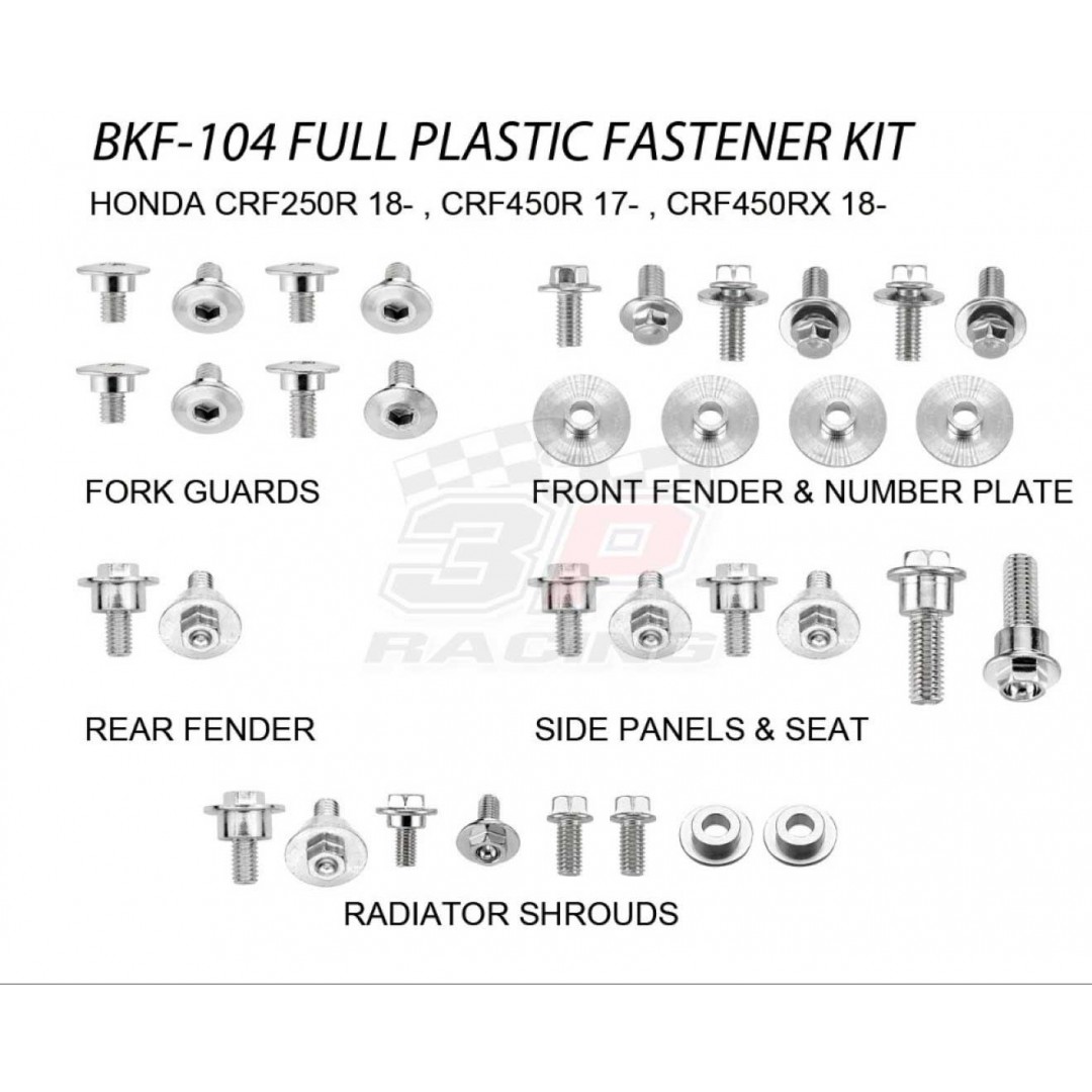 Accel complete plastic parts fastener bolts kit for Honda CRF250 CRF250R 2018-2020, CRF450 CRF450R 2017-2020, CRF450RX 2018-2020. Bolts, nuts & spacers for front fender,number plate,radiator shrouds,side panels & seat,fork guards,rear fender.AC-BKF-104