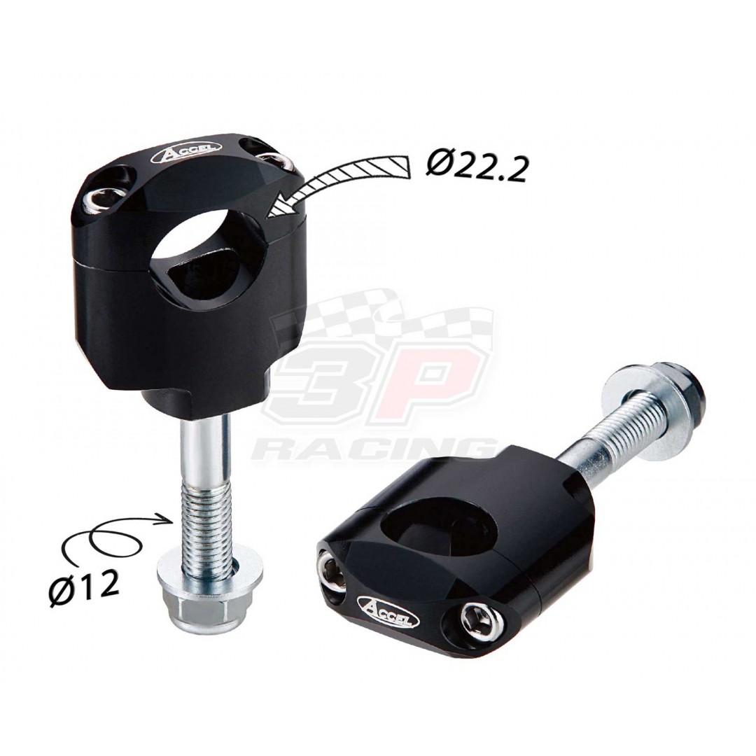 Accel Universal motorcycle handlebar CNC riser - spacer kit for 42mm raised height with 12mm bolt. For all bikes with 22.2m bar - Universal. P/N: AC-BM-37-22-F12. CNC machined. 12mm bolt. Bar bore: 22.2mm. Raiser Height: 42mm
