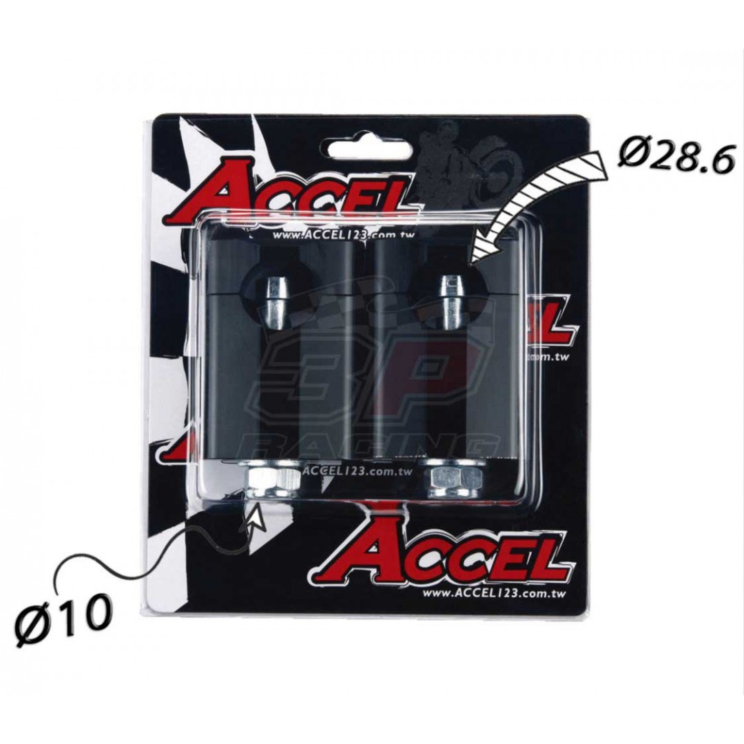 Accel Universal motorcycle handlebar CNC riser - spacer kit for 58.5mm raised height and 10mm bolt. For all bikes with 28.6mm fatbar - Universal. P/N: AC-BM-16-28-F10. CNC machined. 10mm bolt. Bar bore: 28.6mm. Raiser Height: 58.5mm