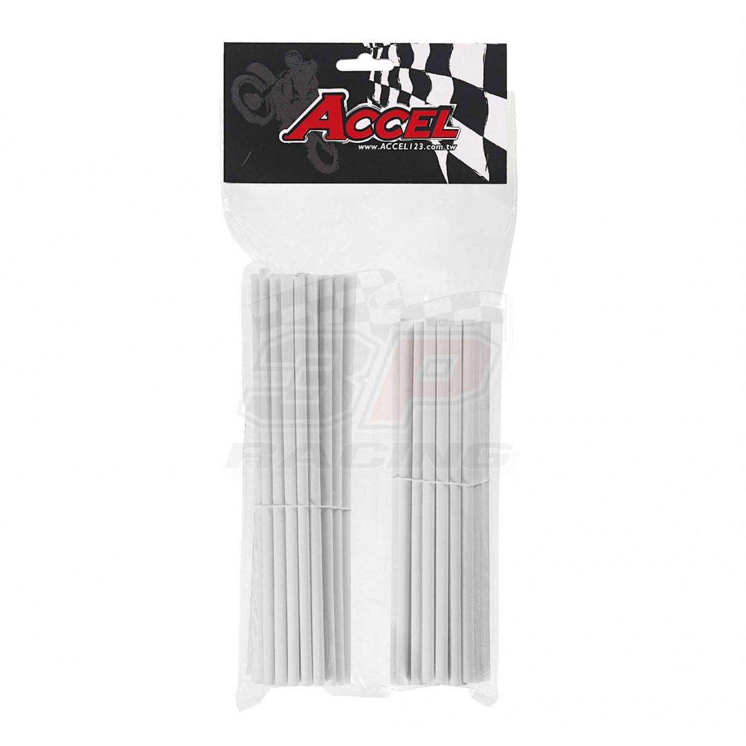 Give your bike a refreshing stylish look with this coloured White wheel spoke skin set ! Includes 38pieces of 8.5" length skins and 38pieces of 7.5" length skins. For 18"-21" rims. Wheel spoke colored wraps, covers,sleeves,guards.P/N: AC-SS-101-WH