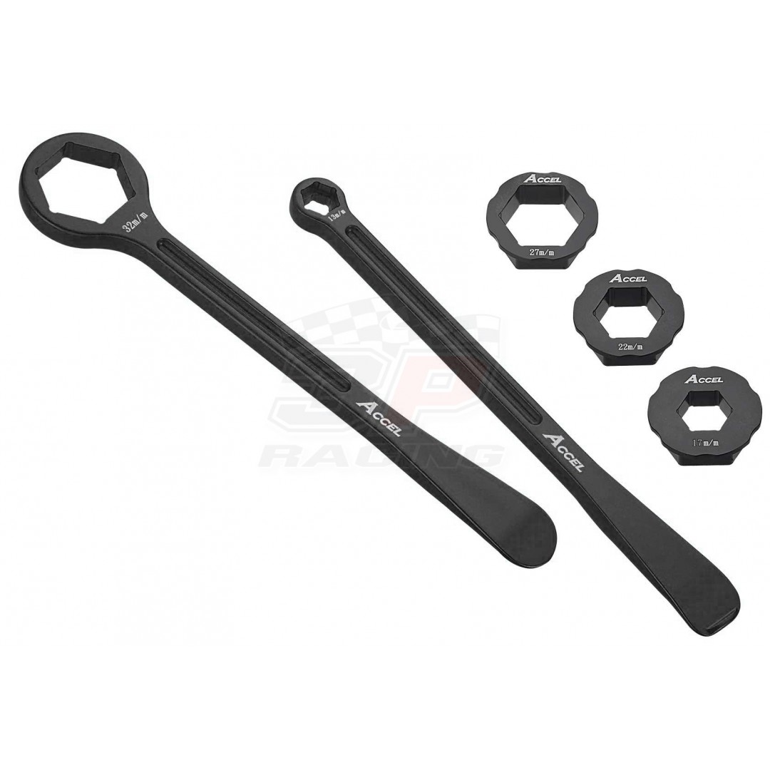 Special tools for wheel tire - Levers & Hex wrenches 32mm,27mm, 13mm and 10mm & 22mm - Black. For European and Japanese bikes with 22mm insert. P/N: AC-TL-03-BK