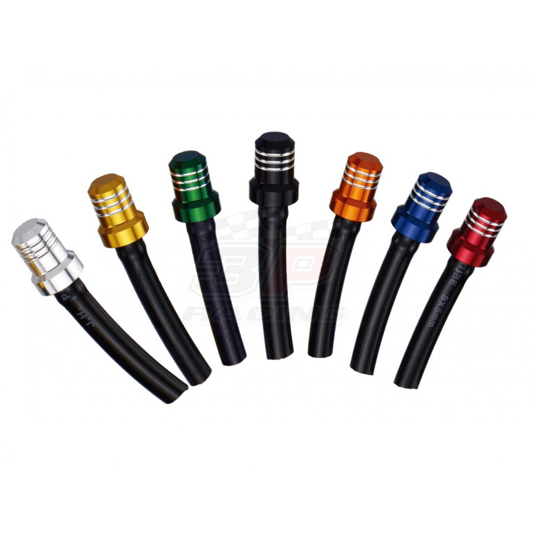 Aluminum gas tank cap vented valve breather tube with short black PU hose. Color options available: Black, Blue, Gold, Green, Orange, Red, Silver. P/N: AC-VB-01. 