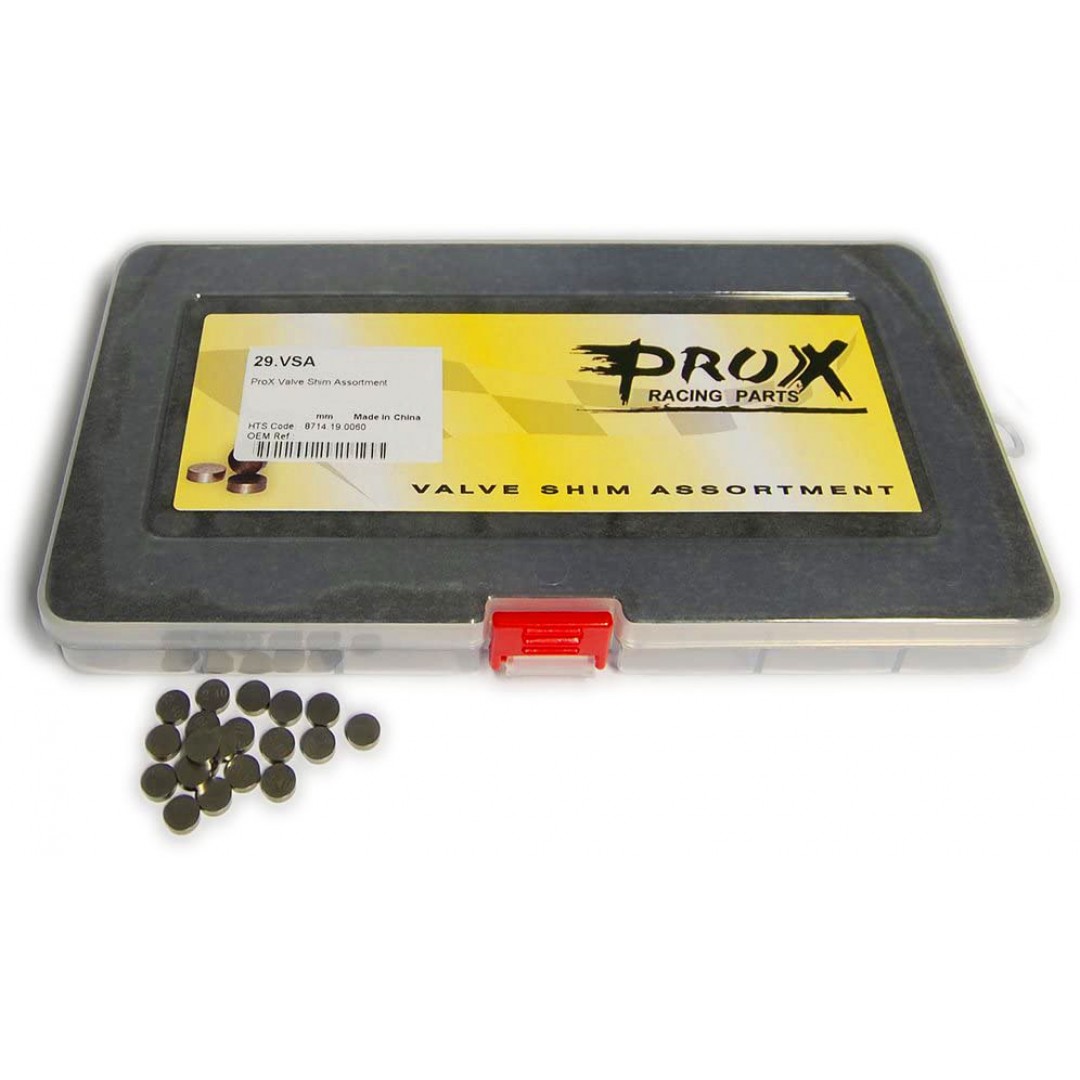 ProX Valve shims are made of premium materials. 7.48mm diameter - Includes three valve shims in each size between 1.225 and 3.475mm in .05mm increments. 141 shims in total. (example: 1.225mm, 1.275mm, 1.325mm, 1.375mm). P/N: 29.VSA748-2