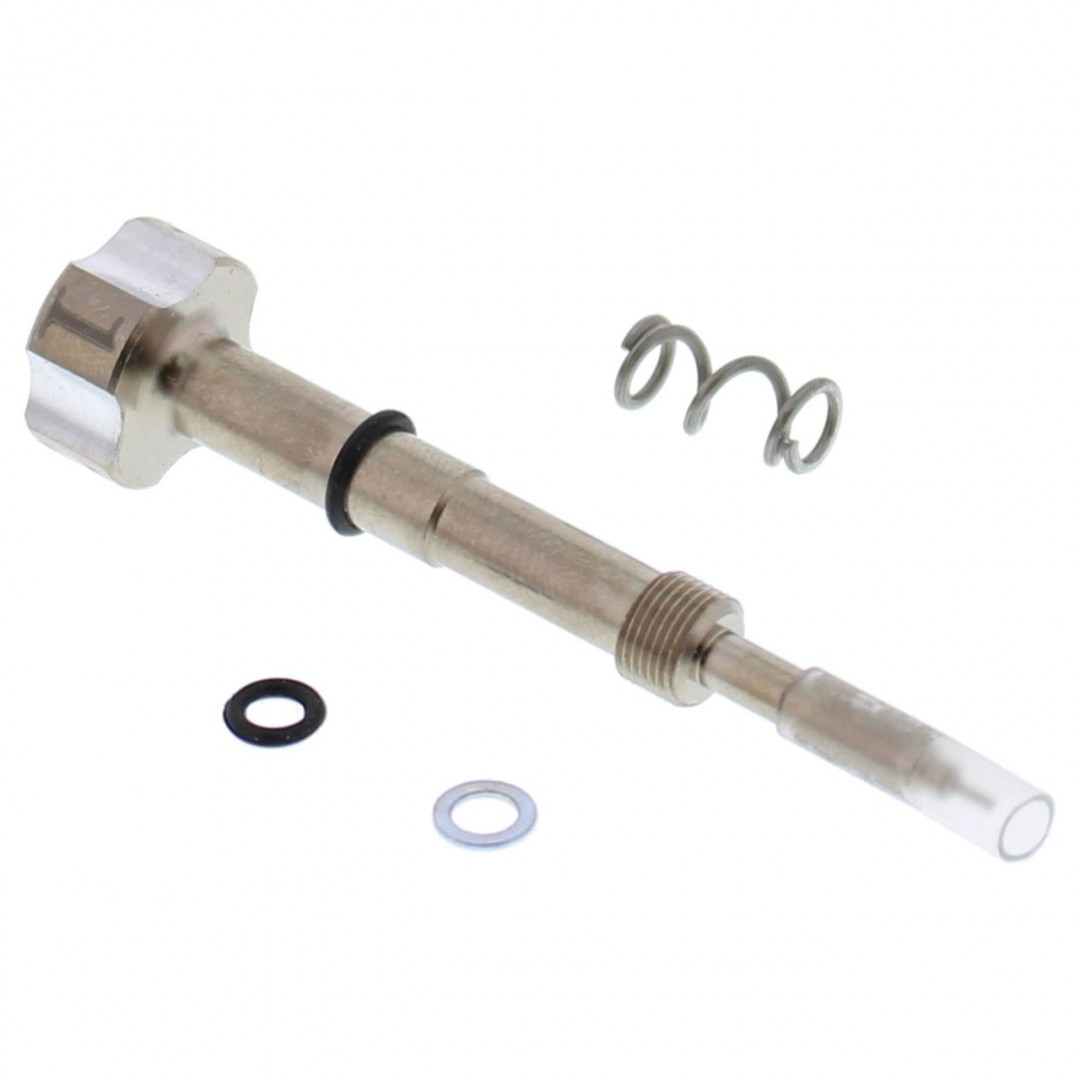 AllBalls Racing 46-6001 carburetor fuel mixture screw in Silver, fits Keihin pumper carburetors FCR. Replace the OEM style fuel Mixture screw with an extended screw for easy tuning. Includes mixture screw o-ring, spring , and washer. P/N : 46-6001