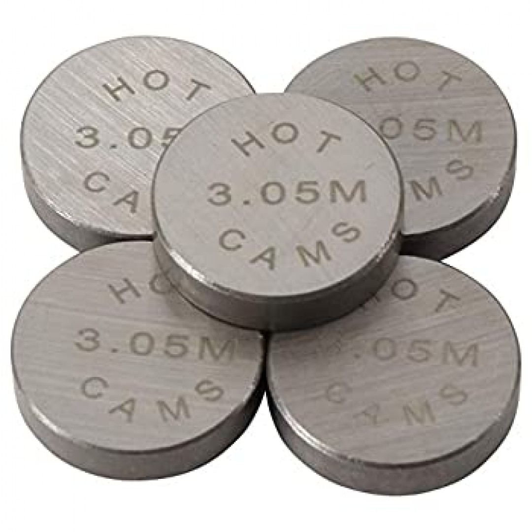 Hot Cams Valve pastilles 13mm diameter, quickly and easily adjust your valves clearance - Includes five valve shims of the selected size. Sizes available from 185 to 320 in .5mm increments. (example: 185, 190, 195, 200mm etc)