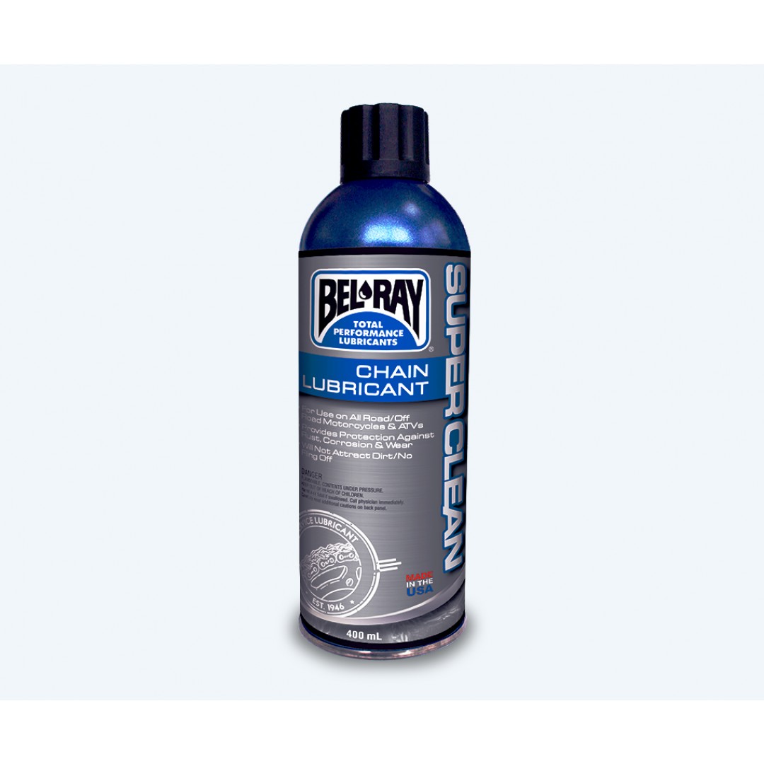 BelRay 99470-A400W SuperClean drive chain lube sprey 400ml for all 2stroke & 4stroke motorcycles 975-09-270400. Recommended for Off-Road bikes & ATVs. Wear and corrosion protection for long chain and sprocket life. Will not fling-off or attract dirt, sand