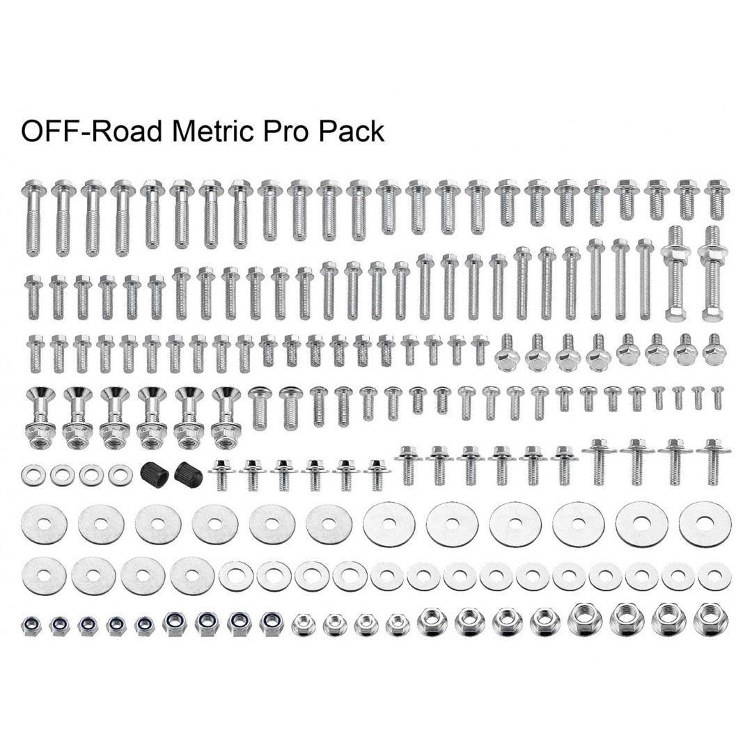 Accel Off-Road motorcycles metric bolt kit - Complete PRO pack. Screw kit includes bolts, nuts & spacers for Japanese motocross & enduro bikes, like Honda CR CRF, Kawasaki KX KXF KLX, Suzuki RM RMZ RMX, Yamaha YZ YZF. Includes 179 pieces in total.