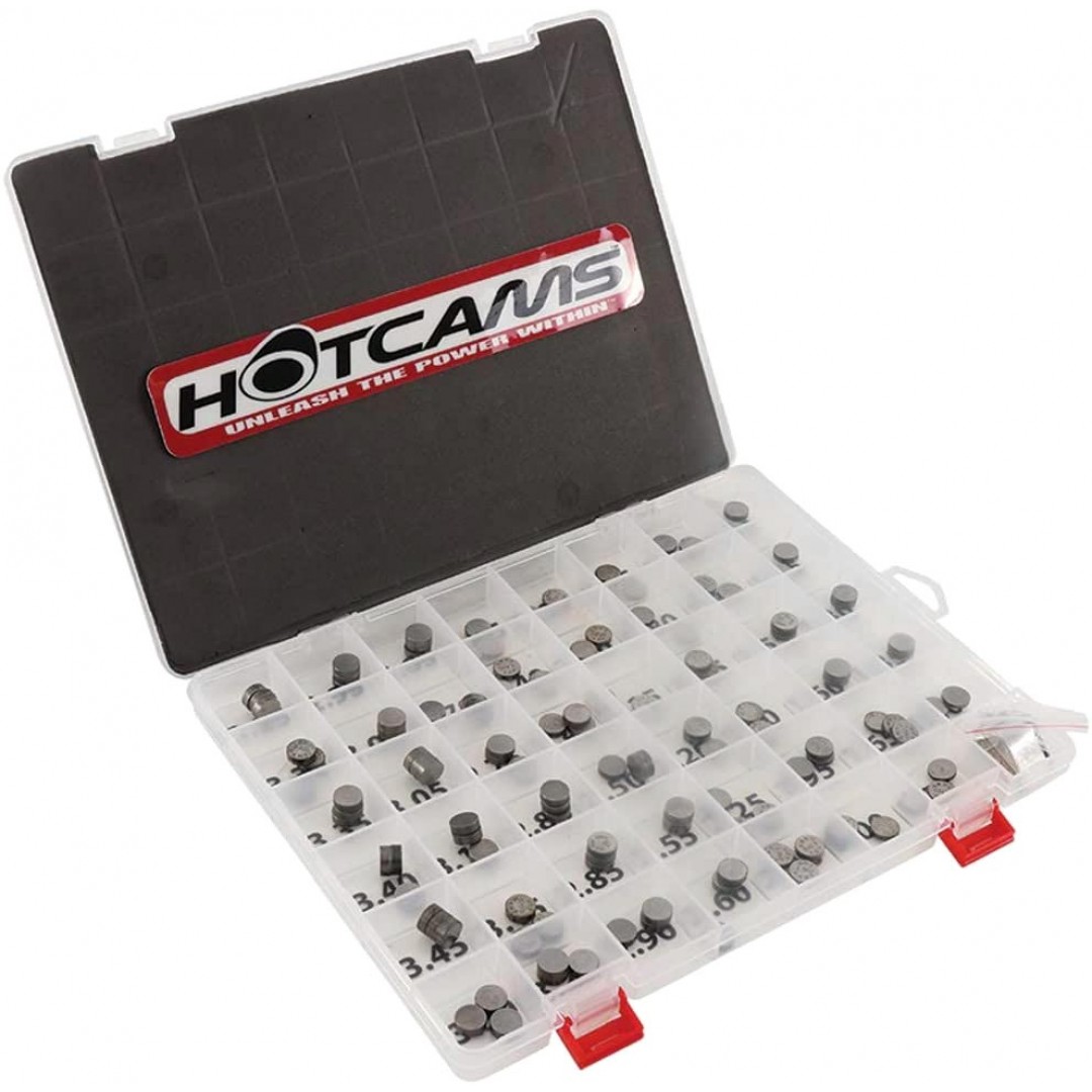 Hot Cams HCSHIM02 Valve shims are made of premium materials. 9.48mm diameter - Includes three valve shims in each size between 1.20 and 3.50mm in .05mm increments. 141 shims in total. (example: 1.20mm 1.25mm, 1.30mm, 1.35mm, 140mm)