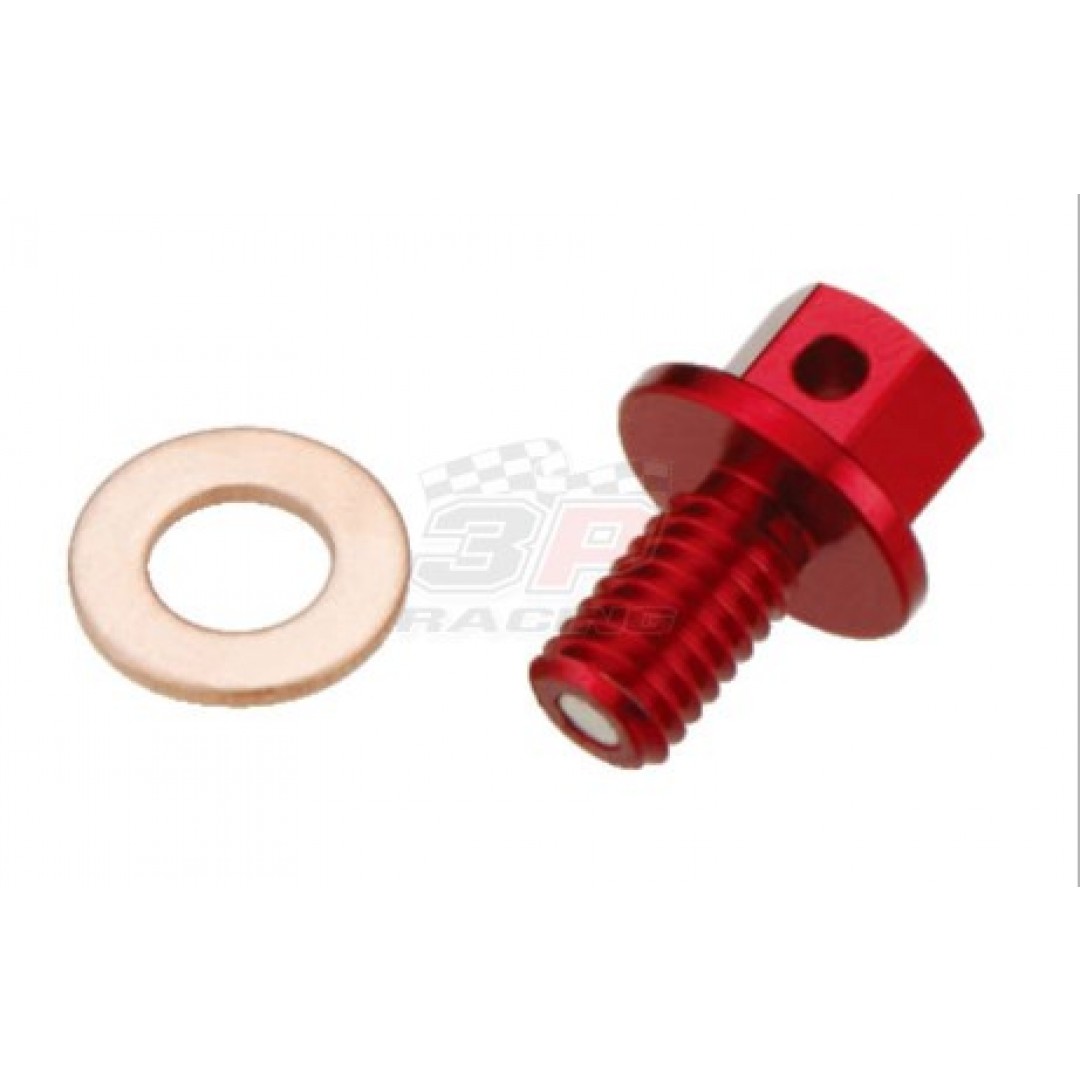 Accel CNC Red magnetic oil drain plug AC-MTP-01-RED for Honda OEM 90004-GHB-600 90004-GHB-620 fits CRF150 CRF150R 2007-2019, CRF250 CRF250R CRF250X 2004-2017, CRF450 CRF450R 2002-2016, CRF450X 2005-2017. Made from AL6061-T6 alloy. Color anodized. 