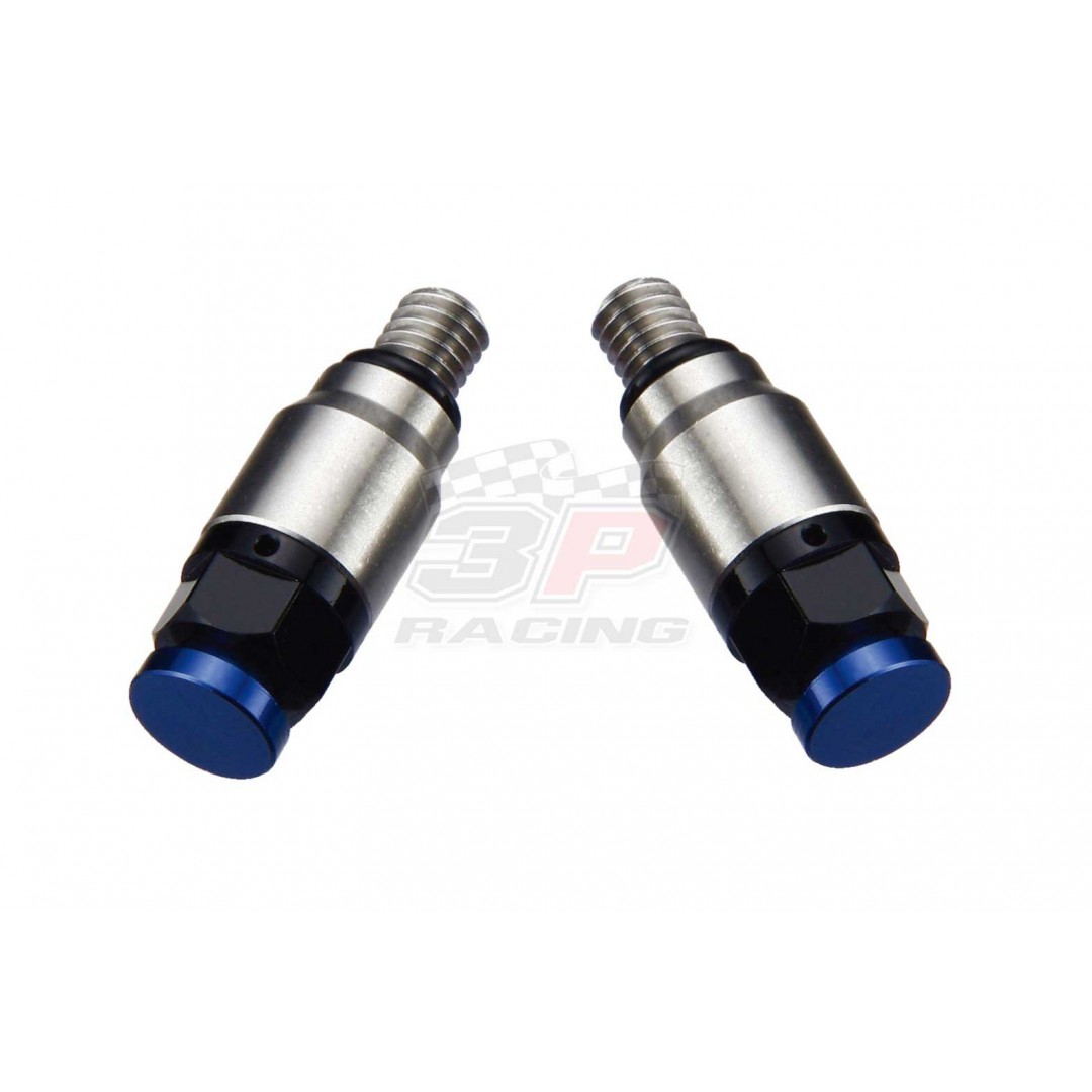 Accel pressure relief valve kit for Showa & Kayaba. Replacement of OEM fork bleeder screws on Showa & Kayaba forks. With M5xP0.8 screw thread. *Set of 2* -CNC machined. -Made from AL6061-T6 alloy. -Anodized. P/N: AC-PRV-01-BL