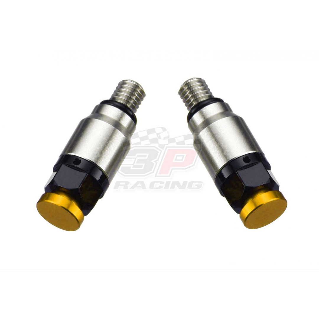 Accel pressure relief valve kit for Showa & Kayaba. Replacement of OEM fork bleeder screws on Showa & Kayaba forks. With M5xP0.8 screw thread. *Set of 2* -CNC machined. -Made from AL6061-T6 alloy. -Anodized. P/N: AC-PRV-01-GD