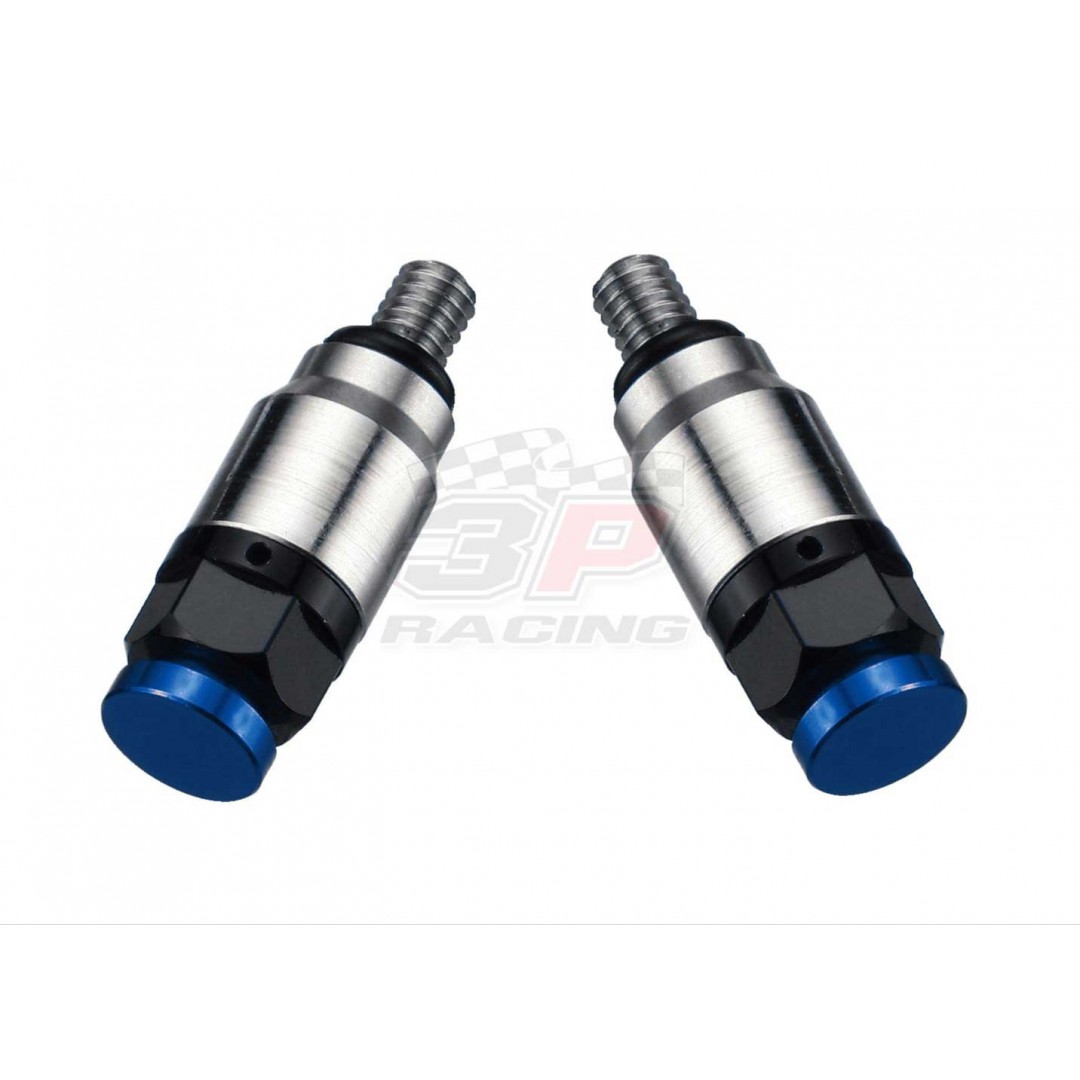 Accel pressure relief valve kit for WP, Marzzochi & Öhlins. Replacement of OEM fork bleeder screws on WP, Marzzochi & Öhlins forks. With M4xP0.7 screw thread. *Set of 2* -CNC machined. -Made from AL6061-T6 alloy. -Anodized. P/N: AC-PRV-02-BL