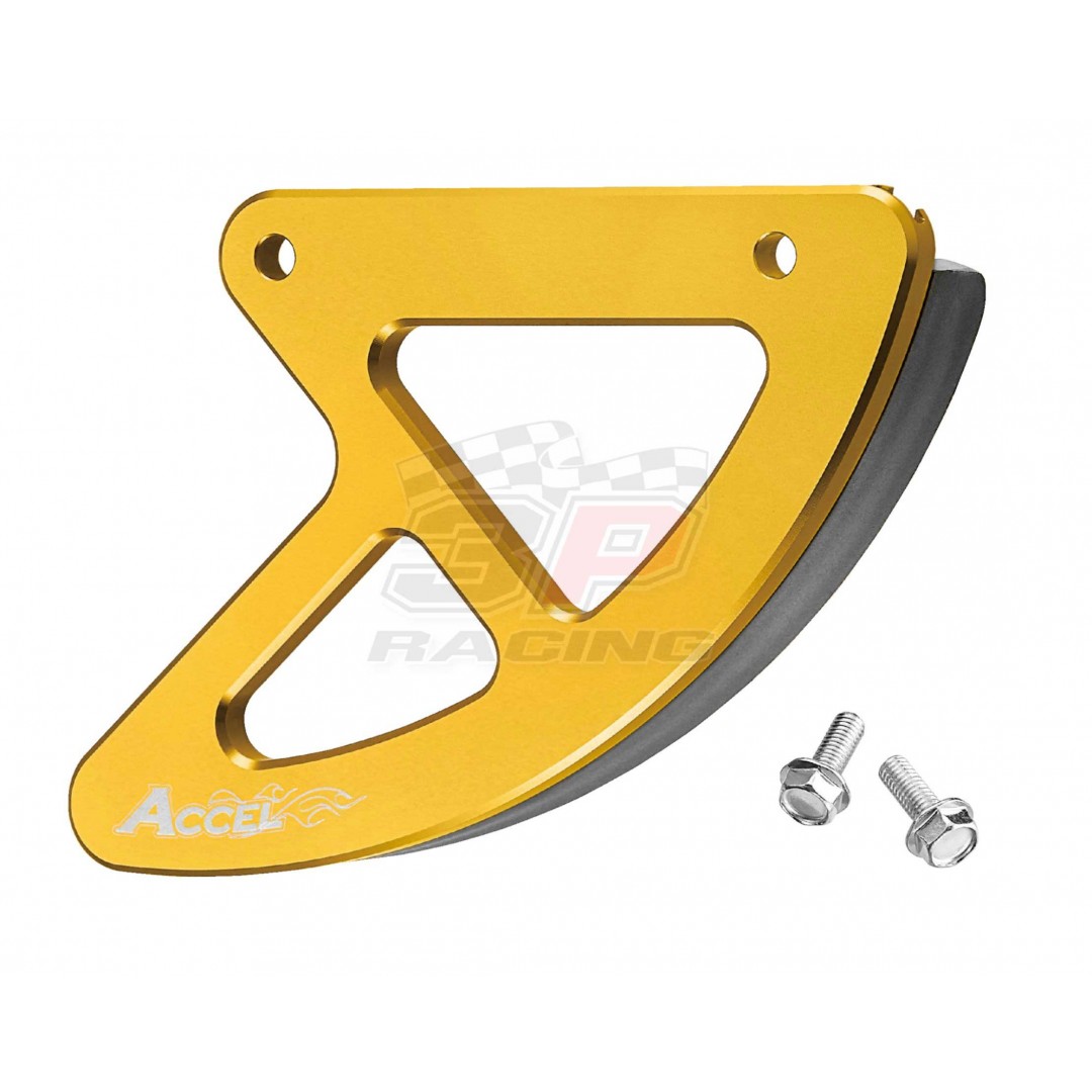Accel CNC Gold rear brake disk protector of 2001-2019 Suzuki OEM 69231-37F12, 69231-37F20 fits RM 125, RM 250, RMZ 250, RMZ 450, RMX 450Z, RM125, RM250 2001-2012, RM-Z250 RMZ250 2007-2019, RM-Z450 RMZ450 2005-2019, RMX450Z RMX450 2010-2019. P/N: AC-RBDG-4